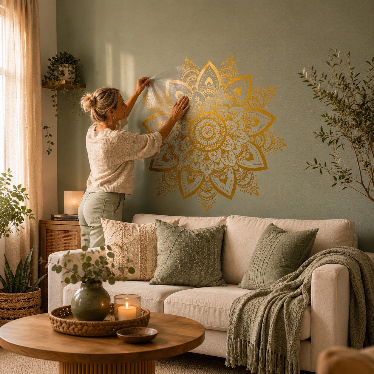 Femme installant un sticker mural Mandala Bohème doré sur un mur vert sauge dans un salon chaleureux aux matières naturelles.