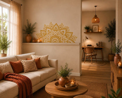 Stickers muraux Mandala Bohème doré dans un salon beige chaleureux avec un espace bureau au fond.
