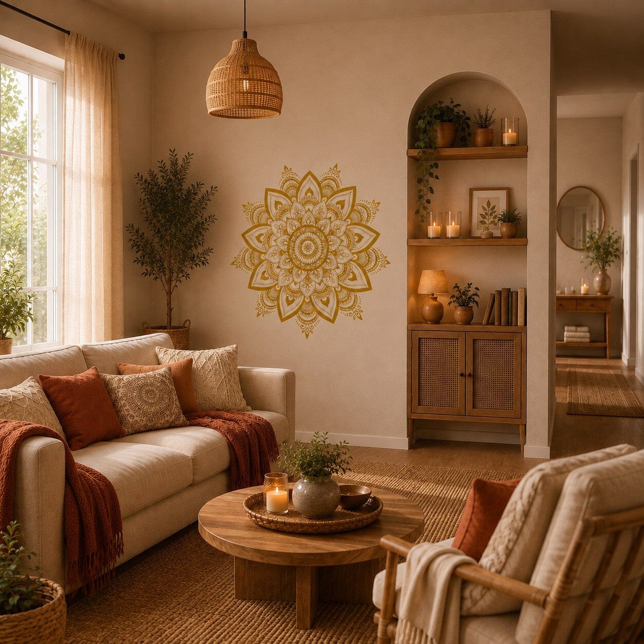 Stickers muraux Mandala Bohème doré dans un salon chaleureux aux tons beige, terracotta et bois naturel.