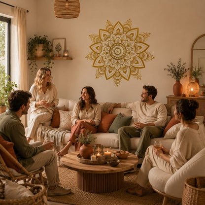 Stickers muraux Mandala Bohème doré dans un salon beige chaleureux avec touches de terracotta et décoration naturelle.