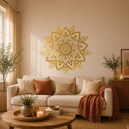 Stickers muraux Mandala Bohème doré au-dessus d’un canapé dans un salon chaleureux aux tons beige, écru et terracotta.