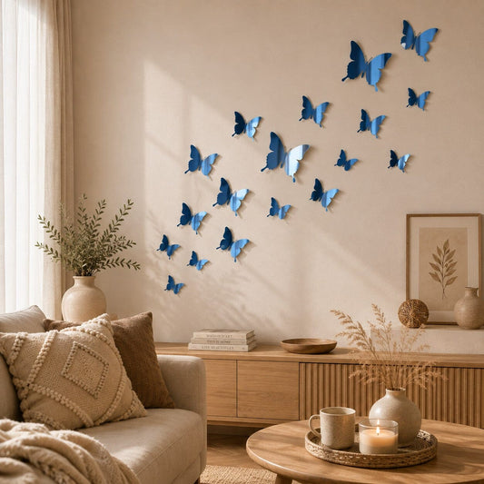 Envolée de stickers muraux papillons bleu miroir sur un mur beige d’un salon chaleureux et naturel.