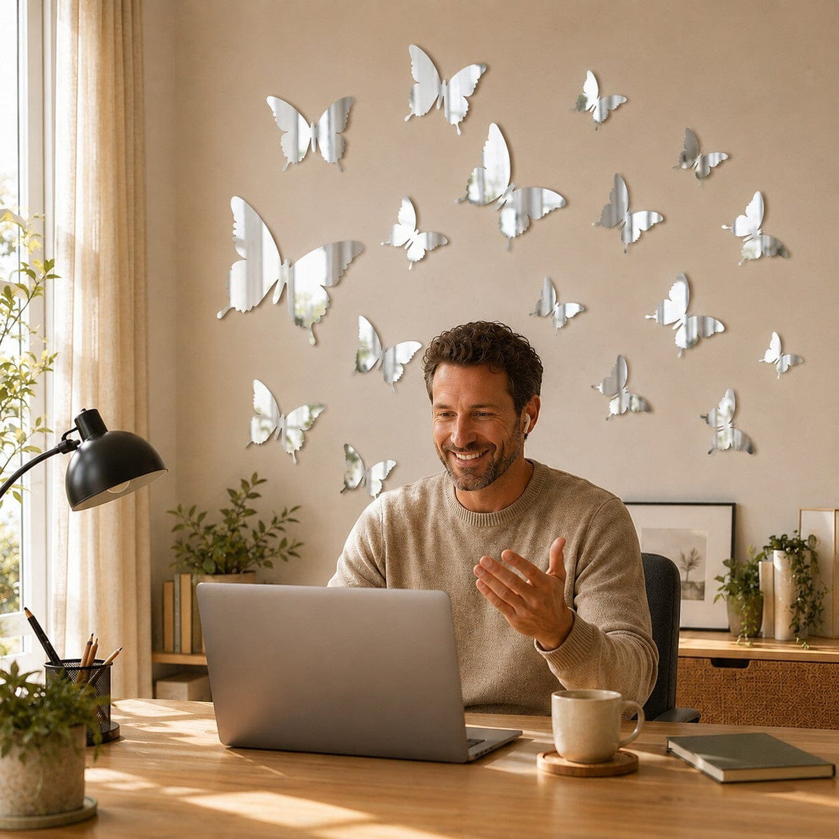 Homme travaillant à domicile devant un mur décoré de stickers muraux papillons miroir argenté dans un bureau chaleureux.