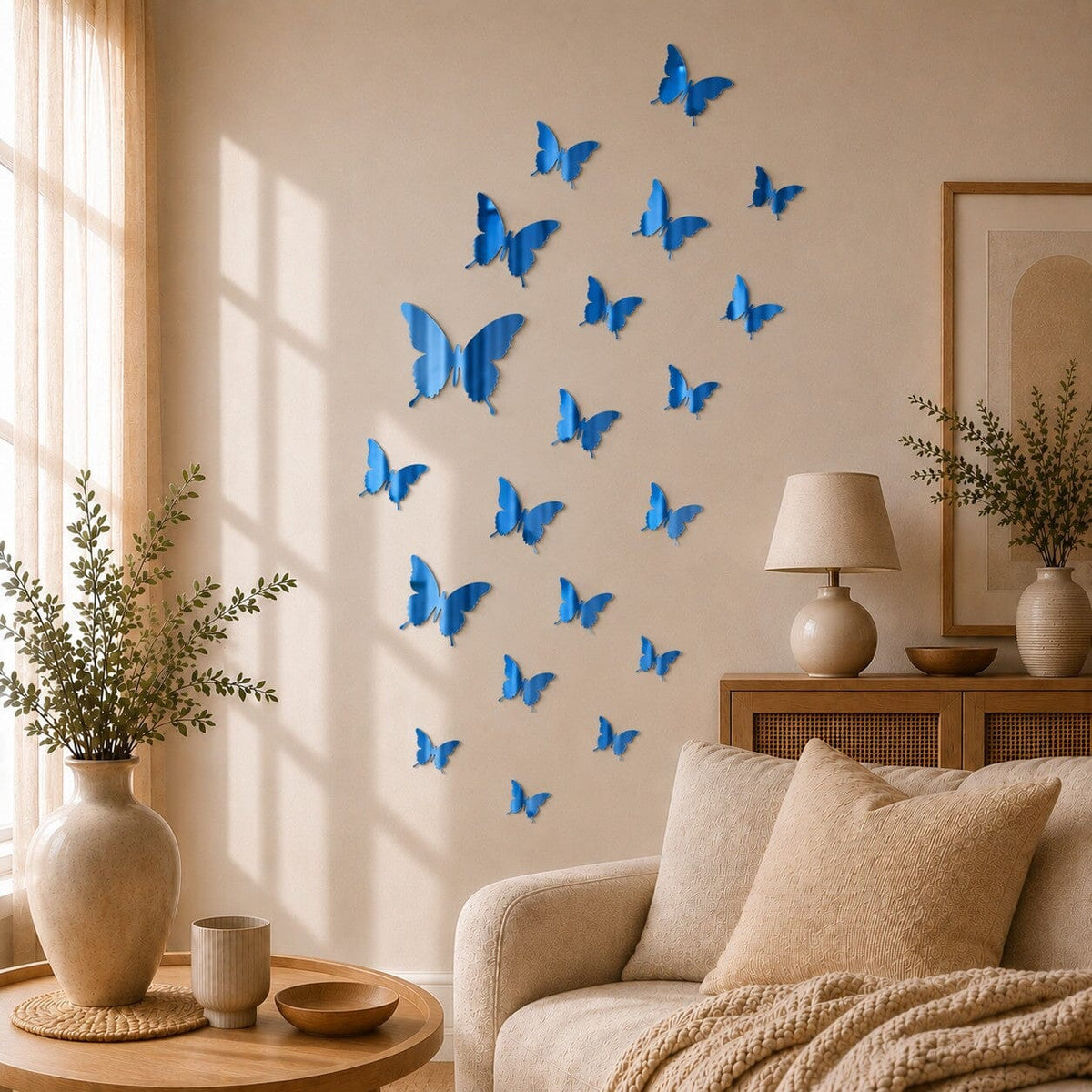 Stickers muraux papillons miroir bleu disposés sur un mur dans un salon lumineux, chaleureux et élégant.