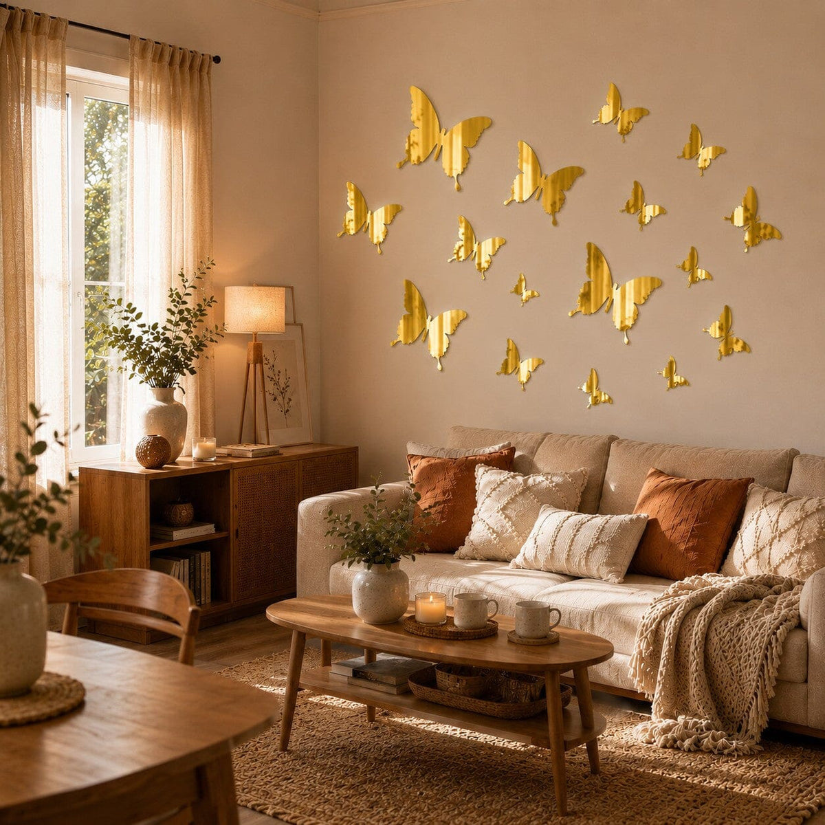 tickers muraux papillons miroir doré disposés sur le mur d’un salon chaleureux aux tons naturels et lumineux