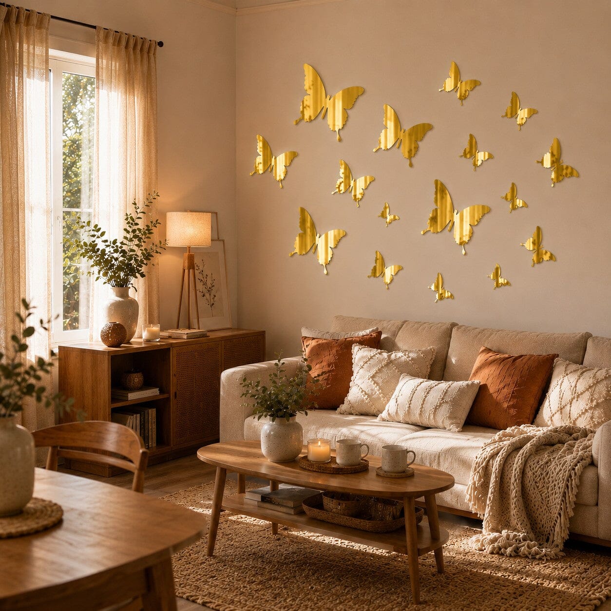 tickers muraux papillons miroir doré disposés sur le mur d’un salon chaleureux aux tons naturels et lumineux