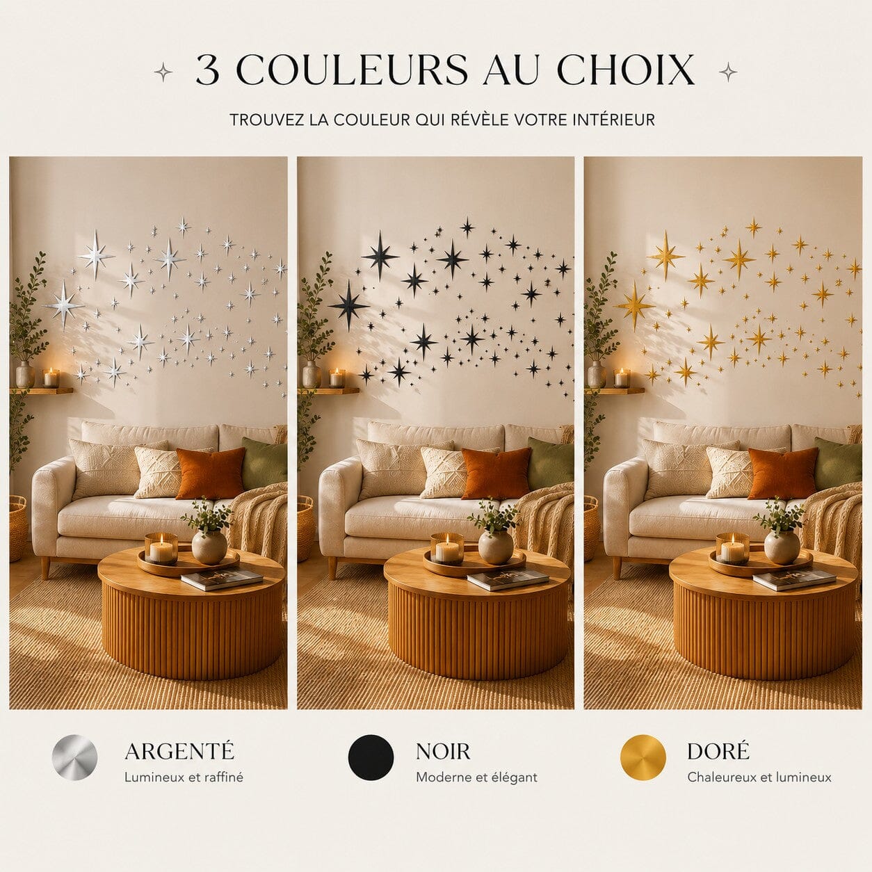 Stickers muraux salon Constellation Bohème en trois couleurs, argenté, noir et doré, avec effet miroir lumineux.