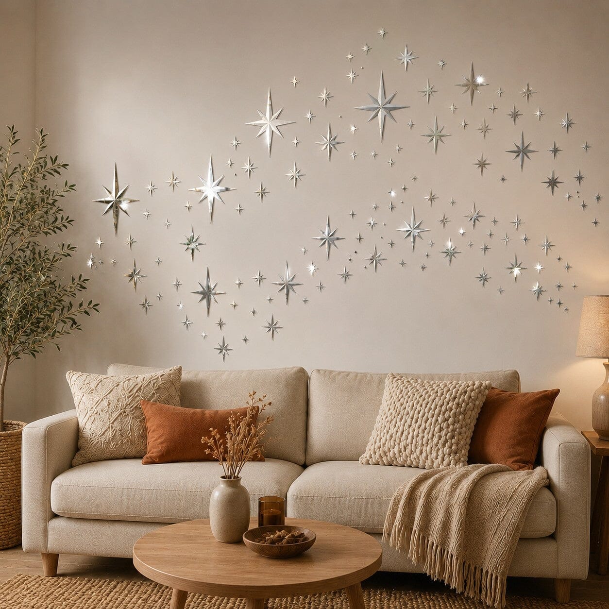 Stickers muraux salon Constellation Bohème argentés effet miroir, avec de subtils reflets lumineux sur un mur beige.