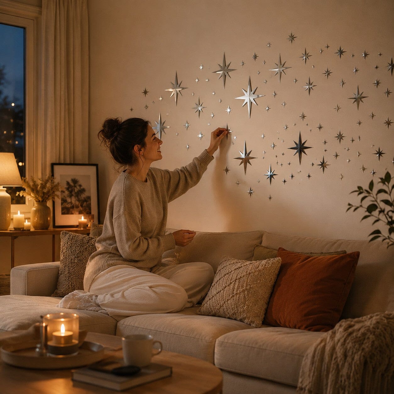 Femme installant des stickers muraux salon Constellation Bohème sur le mur de son intérieur chaleureux.