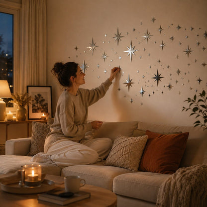 Femme installant des stickers muraux salon Constellation Bohème sur le mur de son intérieur chaleureux.