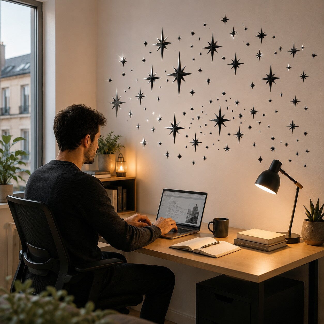 Homme travaillant dans un bureau à domicile décoré avec des stickers muraux salon Constellation Bohème noirs effet miroir.