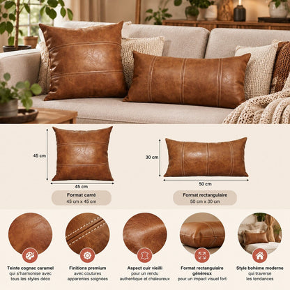 Taie de coussin Cuir Vintage coloris cognac caramel en deux formats 45x45 cm et 50x30 cm avec coutures apparentes et aspect cuir vieilli