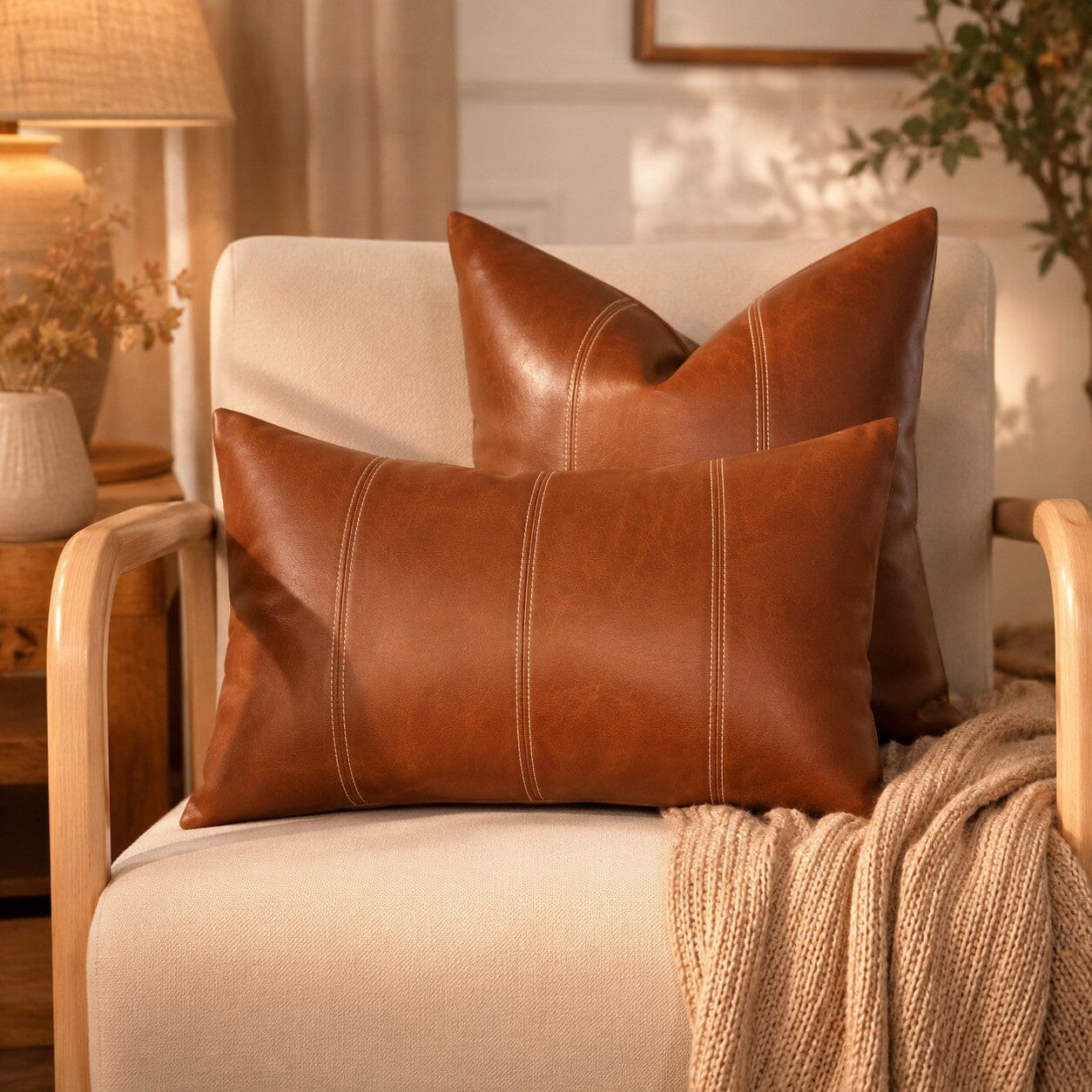 Taie de coussin en simili cuir cognac caramel sur fauteuil beige dans un intérieur chaleureux