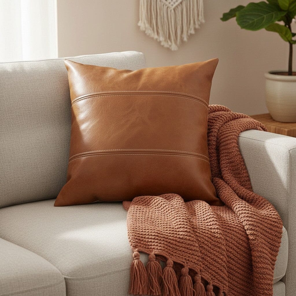 Taie de coussin en simili cuir marron 45x45 cm sur un canapé beige