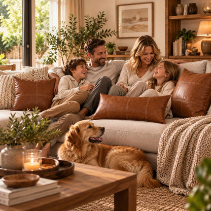 Taies de coussin Cuir Vintage en simili-cuir cognac caramel sur un canapé beige, avec une famille réunie dans un salon chaleureux et convivial