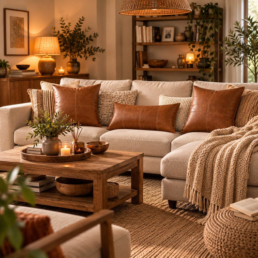 Taies de coussin Cuir Vintage en simili-cuir cognac caramel sur un canapé beige, dans un salon chaleureux avec coussins texturés, bois, plantes et décoration bohème