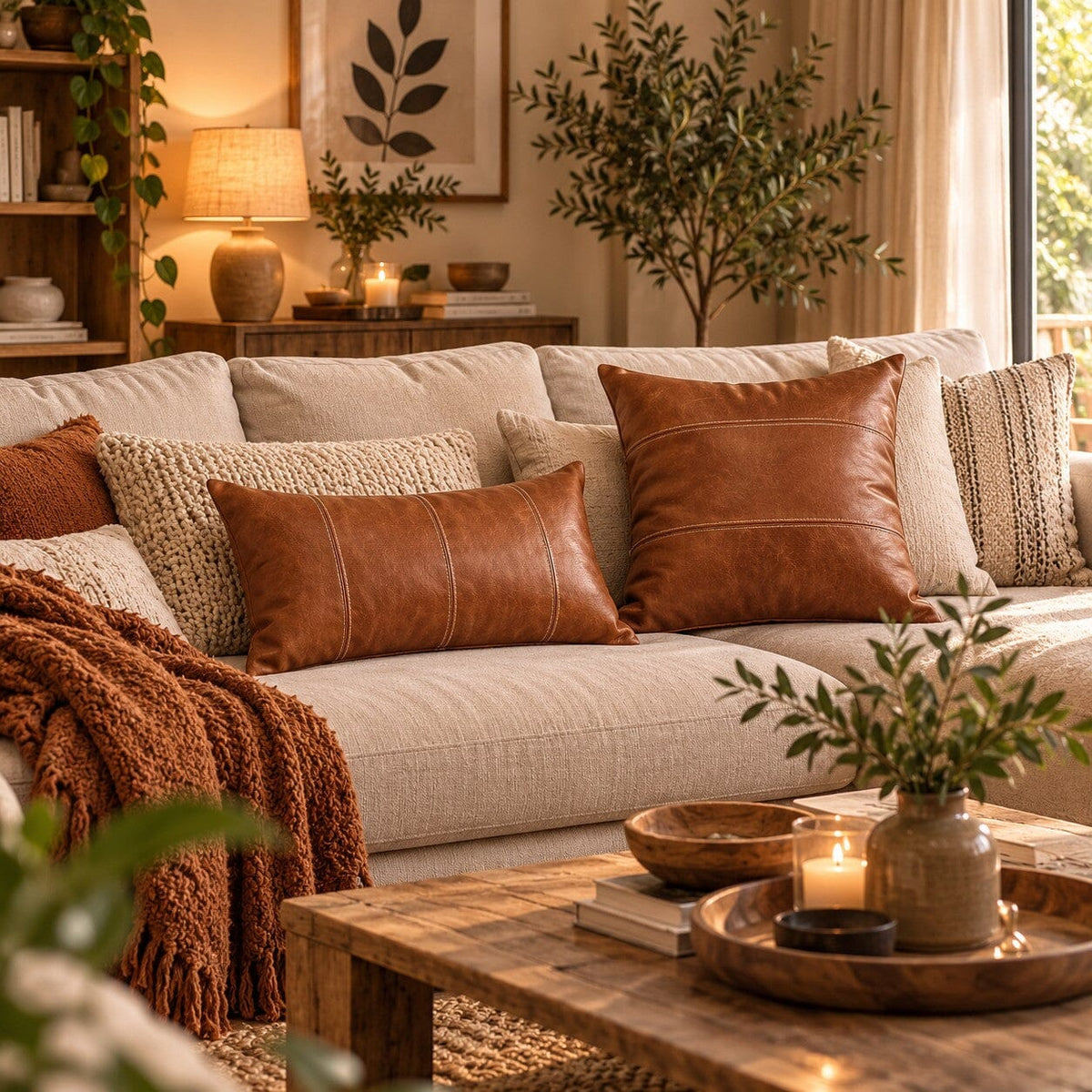 Taies de coussin Cuir Vintage en simili-cuir cognac caramel sur un canapé beige dans un salon chaleureux avec décoration en bois, plantes et coussins texturés