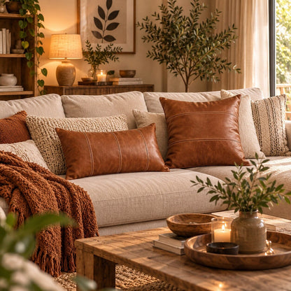 Taies de coussin Cuir Vintage en simili-cuir cognac caramel sur un canapé beige dans un salon chaleureux avec décoration en bois, plantes et coussins texturés