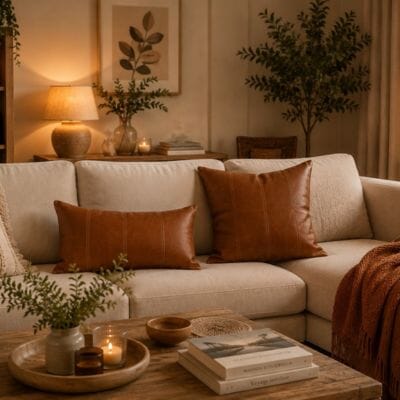 Taies de coussin en simili cuir cognac caramel dans un salon chaleureux et cosy