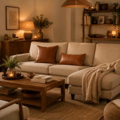 Taies de coussin en simili cuir cognac dans un salon chaleureux et élégant