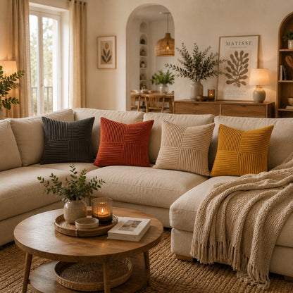 Vue large housses de coussin en velours côtelé gris foncé, terracotta, beige et moutarde dans un salon chaleureux